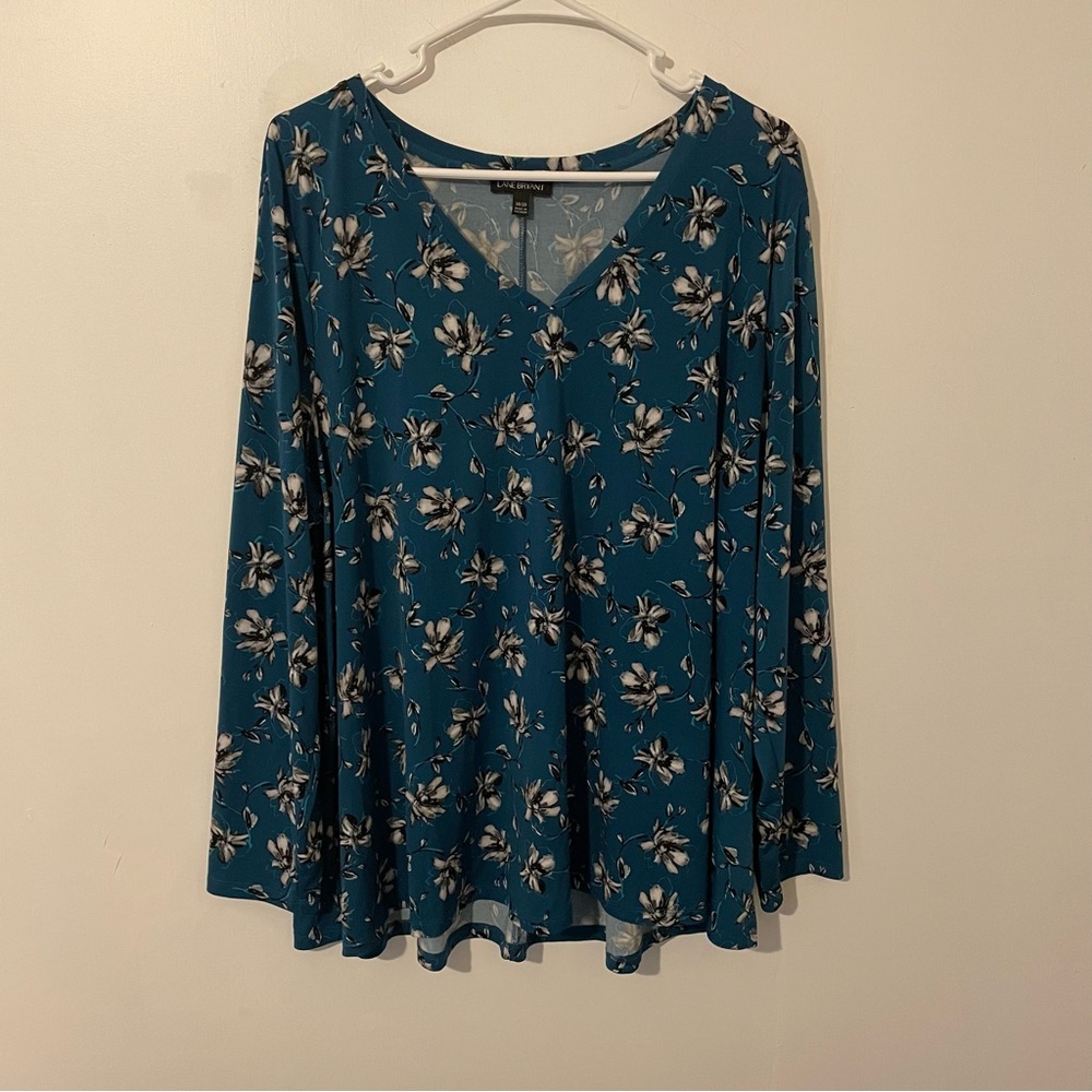 Lane Bryant Blue Floral Flowers Top Blouse Long Sleeve Tunic Shirt Size 18 20